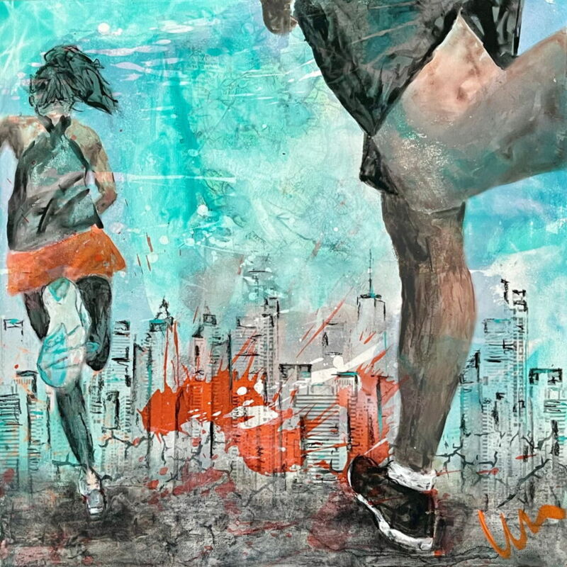 Acryl, Acrylbild, sport, jogger, runner, skyline, city, Silvia Lehmann, Bild malen lassen