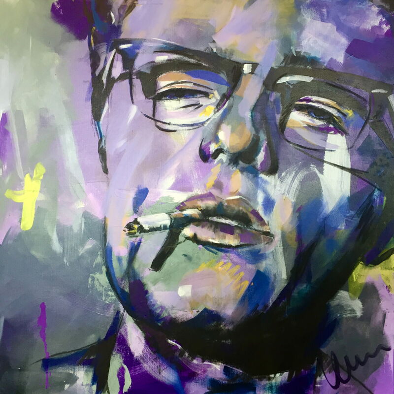 Silvia Lehmann, Acryl gemalt, Portrait, James Dean, Bild malen lassen, Autragsmalen, violett, purple, Zigarette im Mund