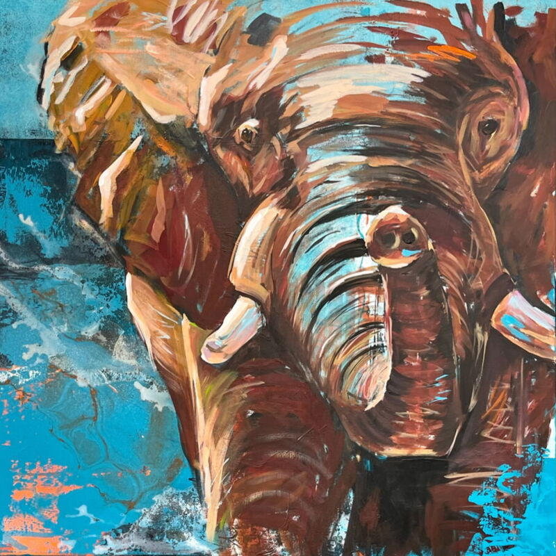 Silvia Lehmann, Acryl gemalt, Elefant, Bild malen lassen, Autragsmalen, blau, Elefant von Vorne, Rüssel von Elefant